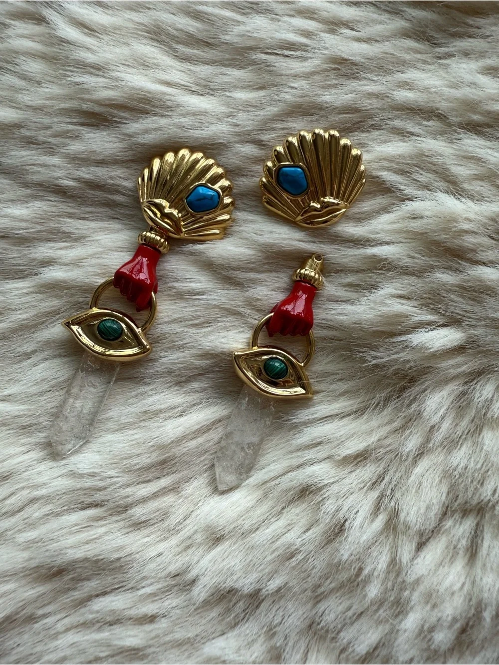Gold Shell Drop Earrings with Red Hand & Blue and Green Stone Accents